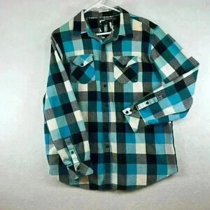 Ocean Current Shirt Black/White/Aqua Young Men’s Large Soft Plaid Flannel Casual